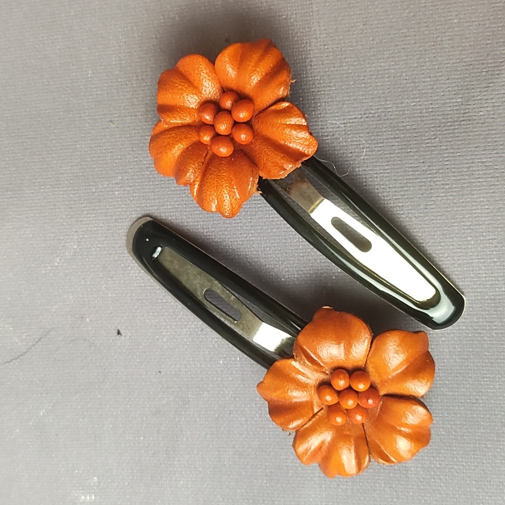 2 Hand crafted orange leather flower barrette hair clip